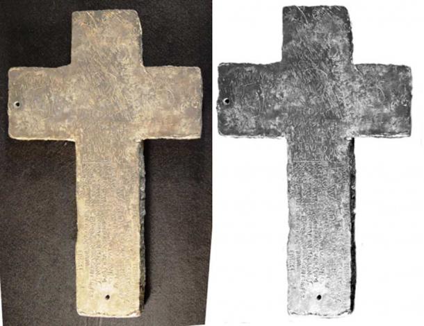‘The Great Cross’. This is the larger half of a cast lead joined cross with gold infill inscriptions. 45-46 cm tall, 30cm wide, 3.2 cm thick. Letter about 1 cm high. Weight, 43lbs. 1 oz. Catalog #94.26.1A (Image: The Tucson Artifacts. Photograph by Robert C. Hyde. © Donald N. Yates, 2013. All rights reserved. Used by special permission.)