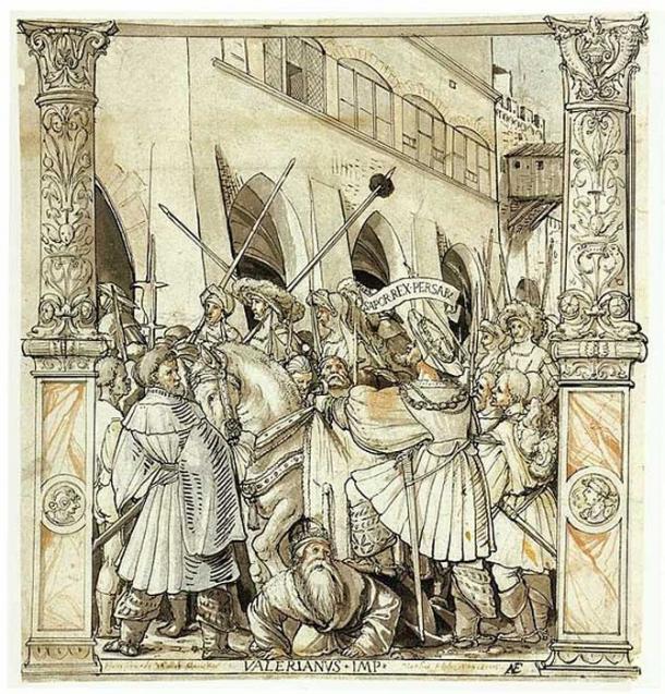 ‘The Humiliation of Emperor Valerian by Shapur I’, pen and ink, Hans Holbein the Younger, ca. 1521. At the time it was made, the above rock-face relief was unknown in the west. (Public Domain)