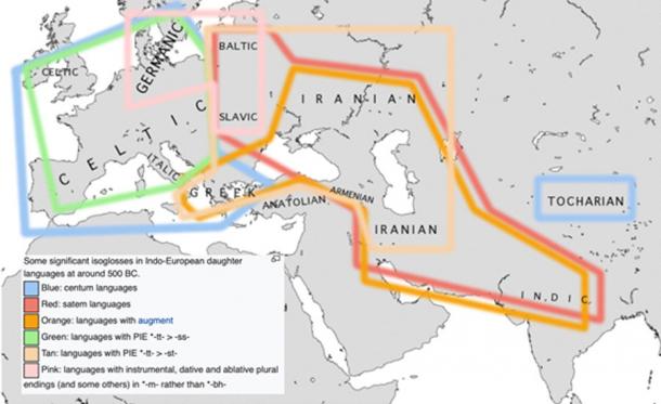 The Indo-European language groups as of 500 BC along with selected isoglosses. (Xiaopo~commonswiki / CC BY-SA 3.0)