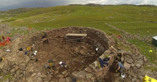 The Iron Age roundhouse at Clachtoll broch in Assynt, Scotland. 