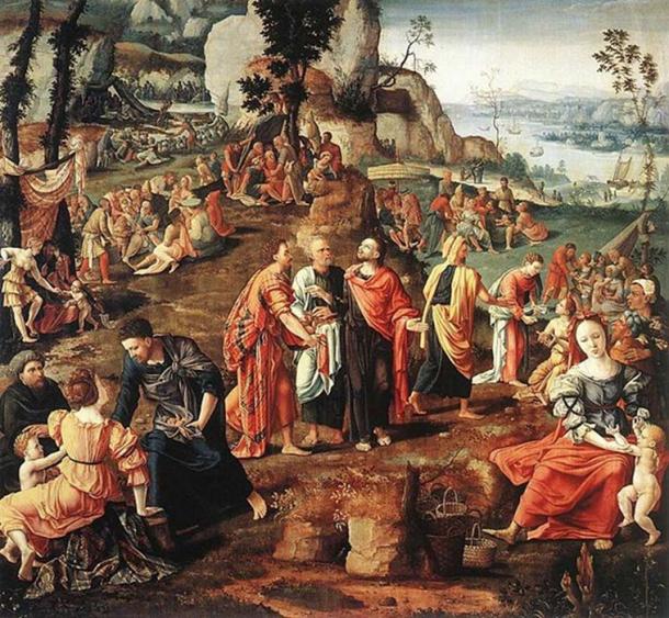 The Miracle of the Loaves and Fishes by Lambert Lombard. (Public Domain)