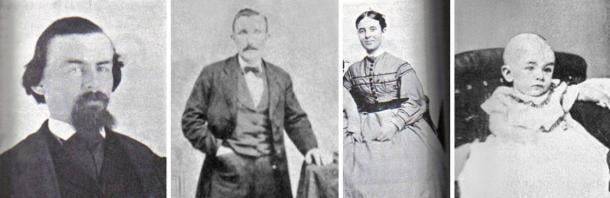 The Missing Crew of the Mary Celeste. From Left to Right: Benjamin Briggs, Captain of Mary Celeste; Albert C. Richardson, First mate; Sarah Briggs, wife of Benjamin Briggs; Sophia Briggs, daughter of Benjamin and Sarah Briggs