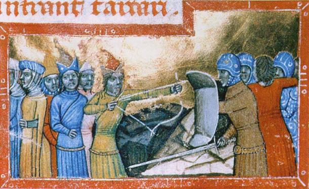 The Mongols in Hungary 1285. Széchényi National Library, Budapest, fol. 64 verso, Inv. no. Clmae 404 (the picture is of a 19th century reproduction). From the Chronicum Pictum in Hungary's National Library. (Public Domain) The dismounted Mongols, with captured women, are on the left, the Hungarians, with one saved woman, on the right.