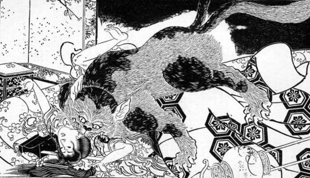 The Nekomata attacks. Illustration from Redesdale’s Tales of Old Japan. (1910)
