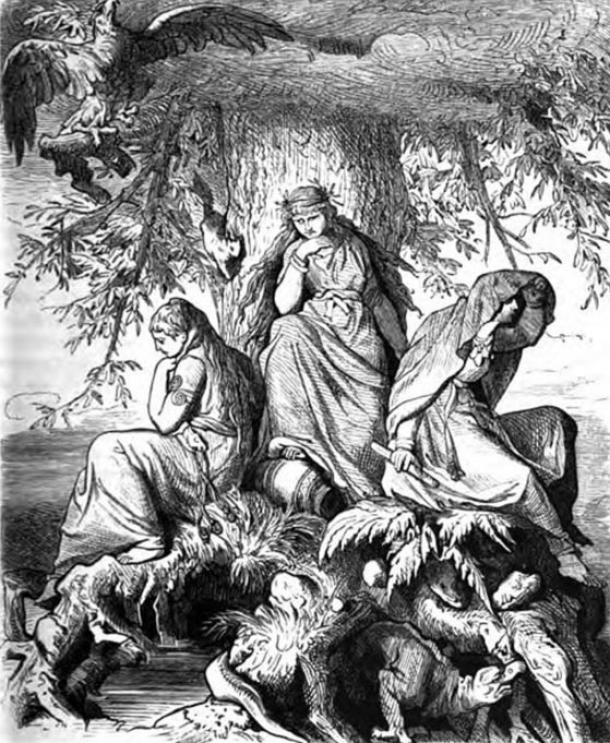 O trio Nornic de Urðr, Verðandi e Skuld sob a árvore do mundo. De Wägner, Wilhelm. 1882. '