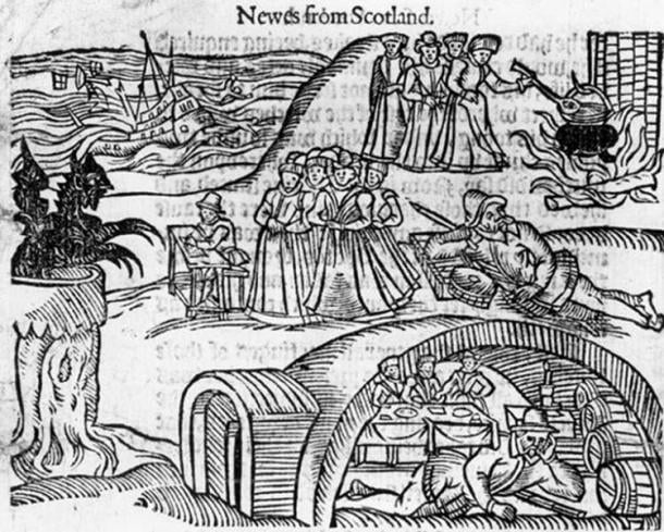 Вещиците от Северна Беруик се срещат с дявола в местната киркирда, от съвременна брошура, Newes от Шотландия.