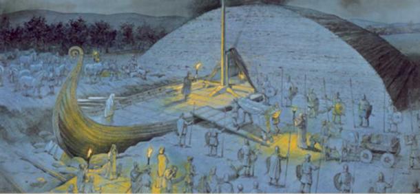 The Osberg funeral ceremony taking place in Vestfold in the year 834 AD. (Illustration: kulturarv.no)