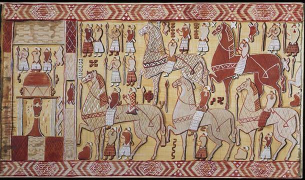 The Oseberg Tapestry – Right Side. (Watercolor Reconstruction: Mary Storm / Photo: Museum of Cultural History, Oslo)