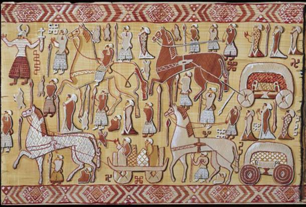 The Oseberg Tapestry – Left Side.  (Watercolor Reconstruction: Mary Storm / Photo: Museum of Cultural History, Oslo)