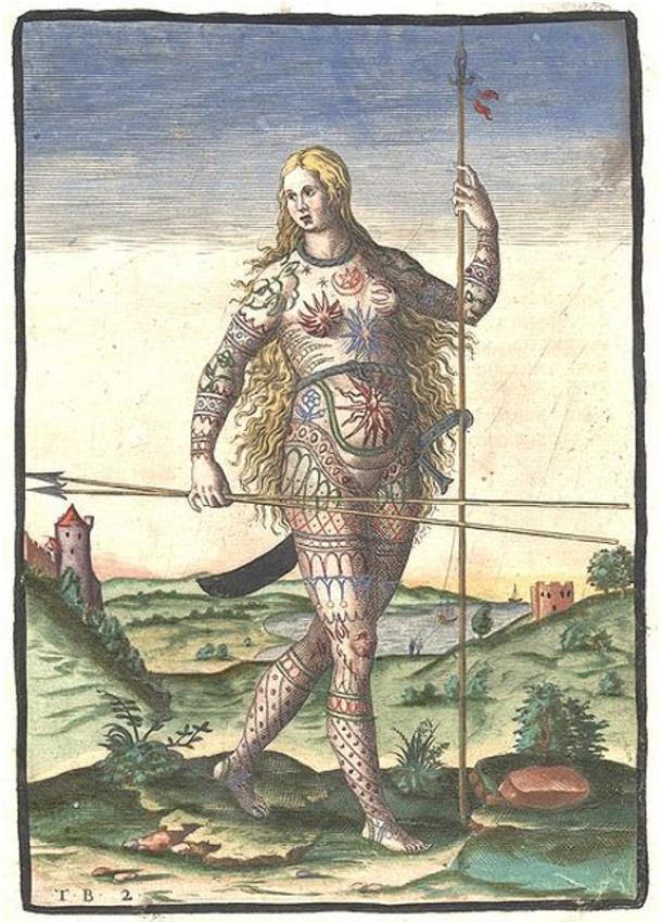 “The Painted Ones”: Hand-colored version of Theodor de Bry’s engraving of a Pict woman