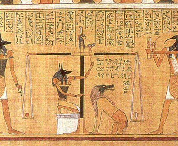 The Papyrus of Hunefer fated to 1375 BC shows Hunefer's heart being weighed on the scale of Ma’at by the jackal-headed Anubis. The scribe of the gods, the ibis-headed Thoth, records the results and if the heart is lighter than the feather, Hunefer is allowed to pass into the afterlife. If not, he is eaten by the awaiting Ammit (soul eater). (Public Domain).