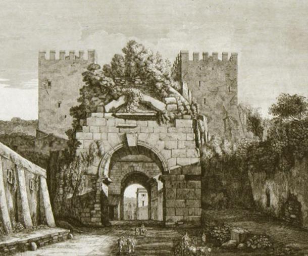 The Porta Carpena, Rome. Copperplate engraving by Luigi Rossini