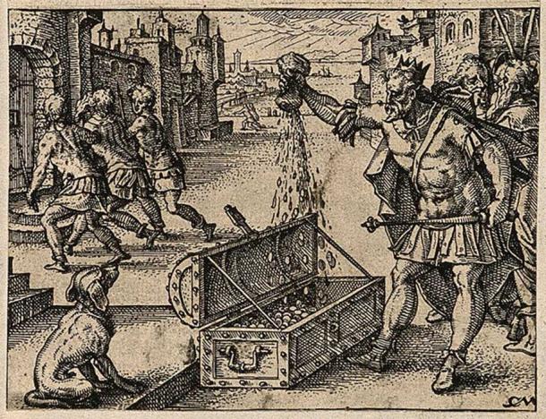 The Roman emperor Valens pours money into a coffer; an officer is arrested and led to prison. Etching by C. Murer after himself, c. 1600-1614. (Wellcome Images/CC BY 4.0)