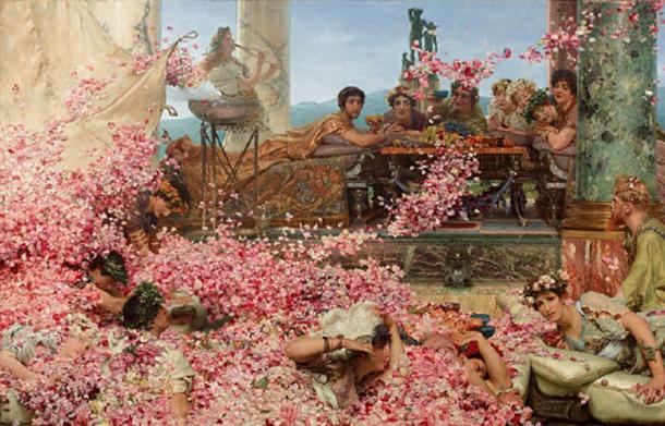 The Roses of Heliogabalus by Alma-Tadema. Roman diners being swamped by drifts of pink rose petals falling from a false ceiling above. The youthful Roman emperor Elagabalus, wearing a golden silk robe and tiara, watches the spectacle from a platform behind them. (Jan Arkesteijn / Public Domain)