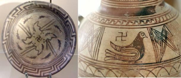 Left, The Samarra bowl at the Pergamonmuseum, Berlin. The swastika in the center of the design is a reconstruction. (CC BY-SA 4.0); Right, Finding the cemetery of Ancient Thera, 8th to 7th century BC. Archaeological Museum of Fira. (CC BY-SA 3.0)