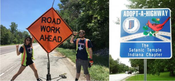 The Satanic Temple volunteers and the Adopt A Highway sign they have earned. (Images: The Satanic Temple – Indiana Chapter)