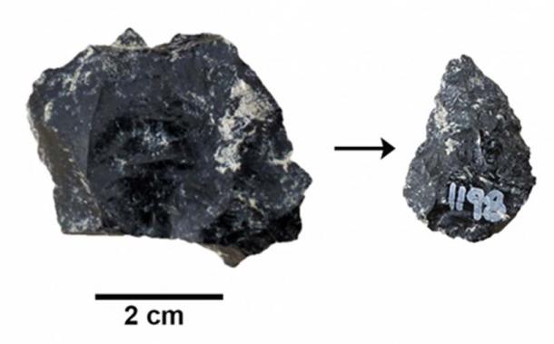 The Smithsonian team found small stone refit points and base core (above) made of non-local obsidian at their Middle Stone Age sites. (Image: Human Origins Program, Ryan Lavery Smithsonian)