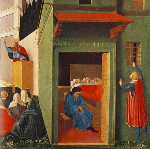 Painting titled ‘The Story of St Nicholas: Giving Dowry to Three Poor Girls’ (c. 1437) by Fra Angelico.