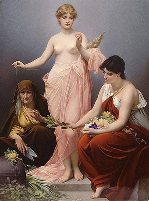 The Three Fates of Greek mythology. Painting, 19th century.