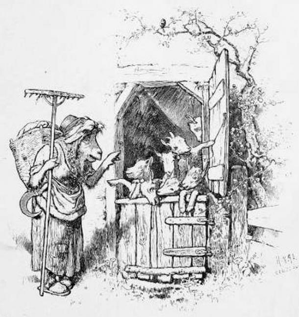 Illustration from “The Wolf and the Seven Young Kids” – a variant to the “Little Red Riding Hood” story. 