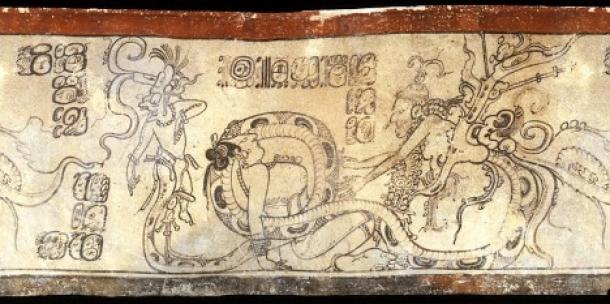 The ancient Maya god K'awiil, left, had an ax or torch in his forehead as well as a snake in place of his right leg. 