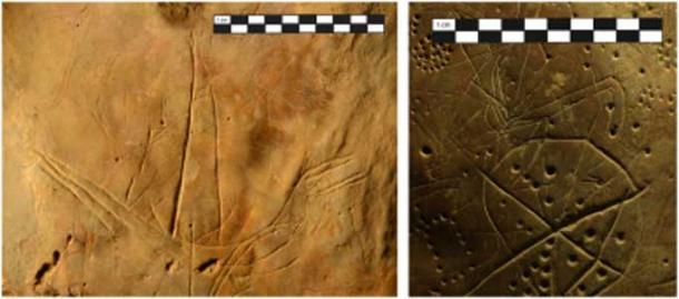 Left: The boat engraving near the back of the cave. Right: the starburst, cupules, and quadrupeds. (S. Murray)