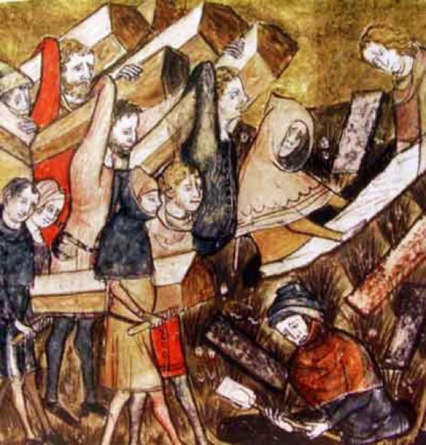 The burial of the victims of the plague in Tournai. Detail of a miniature from 