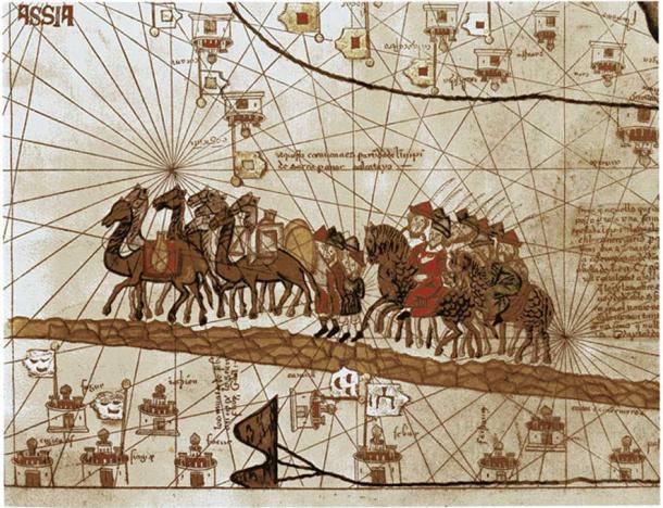 The caravan of Marco Polo traveling towards the Indies. Illustration c. 1375 (Public Domain)