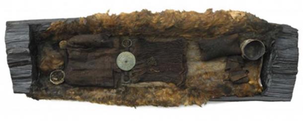 The coffin and remains of the Egtved Girl, in Denmark. Researchers have discovered the high-status teen was born and raised afar from her burial site. (Credit: Karin Margarita Frei, National Museum of Denmark)