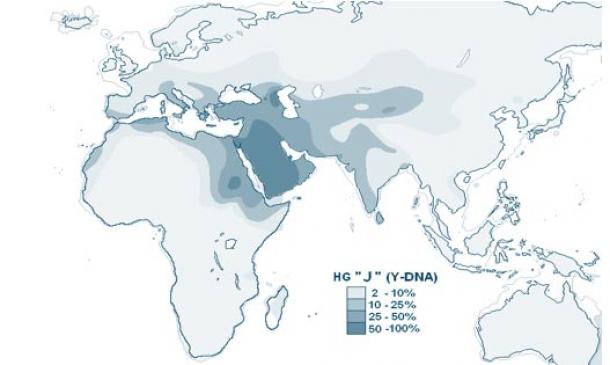 The distribution of the J haplogroup. (Public domain)