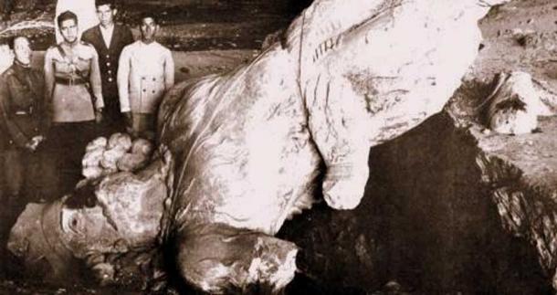 The fallen statue before restoration