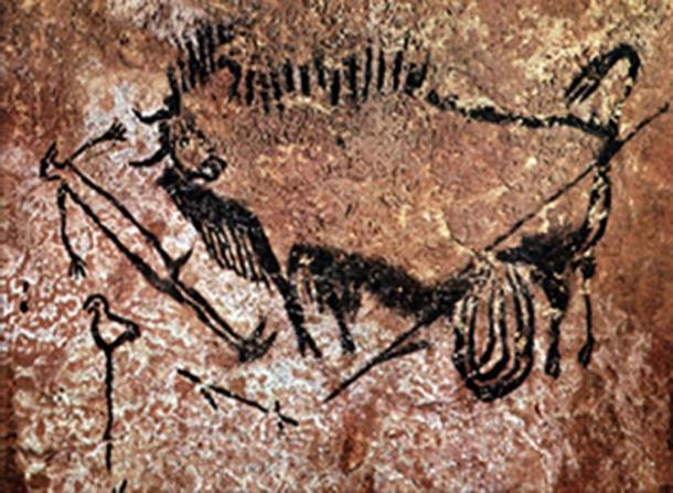 The famous shaft scene of Lascaux depicting a man with a crow’s head looking at a bison.