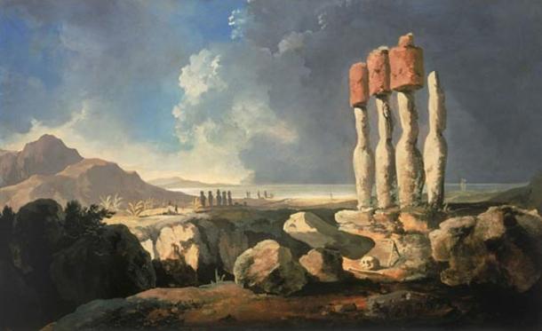The first known painting of Easter Island in 1775 by William Hodges, showing moai statues with their distinctive red headgear.