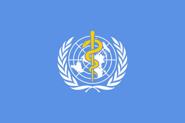 The flag of the World Health Organization, with a rod of Asclepius. (Public Domain)