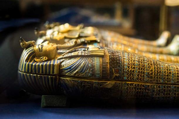 The four ornate gold coffinettes that held the embalmed royal viscera of Pharaoh Tutankhamun. Palimpsest inscriptions present on the insides of these objects reveal the name, Neferneferuaten; making it a clear case of usurpation from a female predecessor. Egyptian Museum, Cairo. (Mark Fischer / flickr)