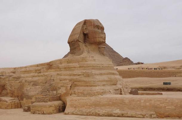 The head of the sphinx appears to be made from different material to the rest of the body, and does not show the same level of erosion as the rest of the body
