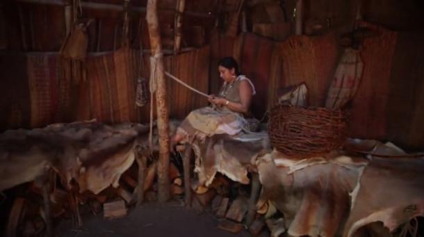 The interior of a wigwam or wetu, the living quarters of the Wampanoag people in earlier times. (Image: Youtube Screenshot)
