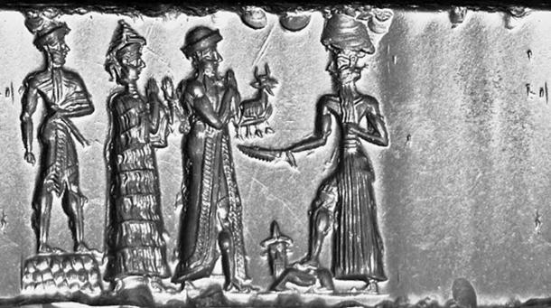 The king with a mace, who stands on a rectangular checked board dais, follows the suppliant goddess (with necklace counterweight), and the robed king with an animal offering. They stand before the ascending Sun god, Shamash, who holds a saw-toothed blade and rests his foot on a couchant human-headed bull.