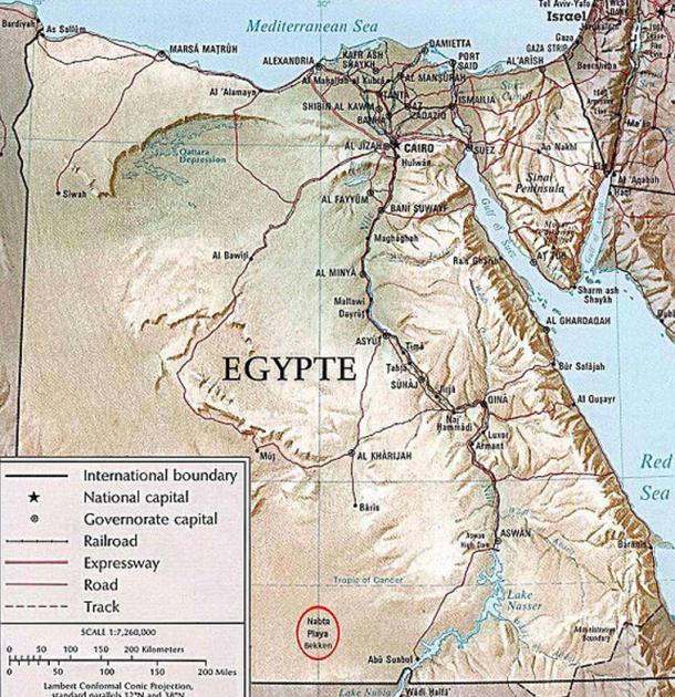 The location of Nabta Playa is circled bottom center