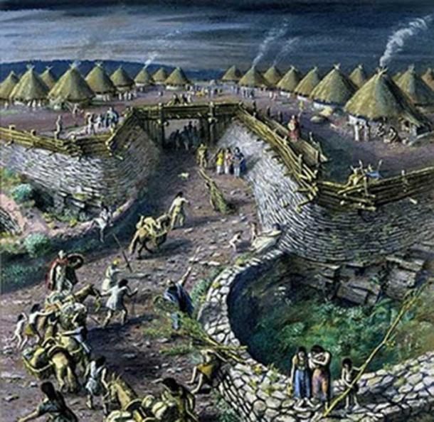 The main entrance to the Iron Age hillfort at Llanmelin, Monmouthshire by Alan Sorrell (1940). (CTS)