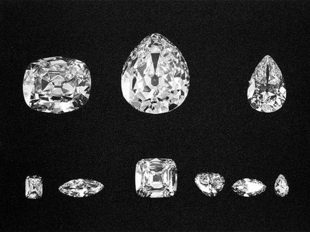 The nine major stones. Top: Cullinans II, I, and III. Bottom: Cullinans VIII, VI, IV, V, VII and IX. 