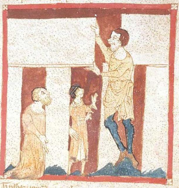 The oldest known depiction of Stonehenge, a giant helps Merlin build Stonehenge. From a manuscript of the Brut by Wace in the British Library. (Public Domain)