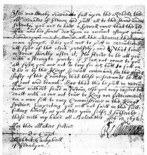 The orders via Duncanson to Robert Cambell to execute the MacDonalds clan.