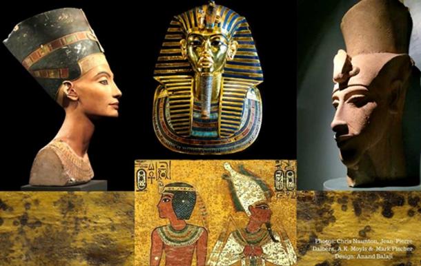  (From left) The painted bust of Queen Nefertiti (Berlin Museum/ Jean-Pierre Dalbéra/CC BY 2.0); Tutankhamun’s golden mask (Cairo Museum/Mark Fisher/CC BY-SA 2.0); remnants of a colossal sculpture of Akhenaten discovered at Karnak (Luxor Museum); funerary scenes on the north wall of KV62 and (Background) close-up of the ubiquitous fungoid spots in the tomb.