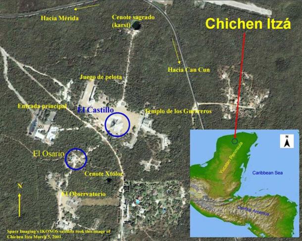 The passage that has been found at the Ossuary (El Osario) could lead to the cenote under Kukulkan (El Castillo) © Museo Nacional de Antropologia and Denisse Argote / IKONOS satellite