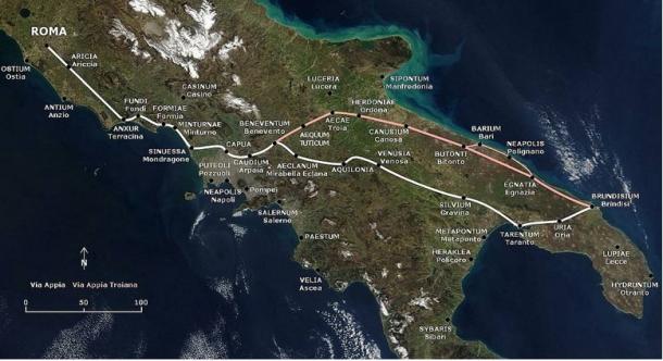 The path of the Via Appia and of the Via Appia Traiana. (Public Domain)