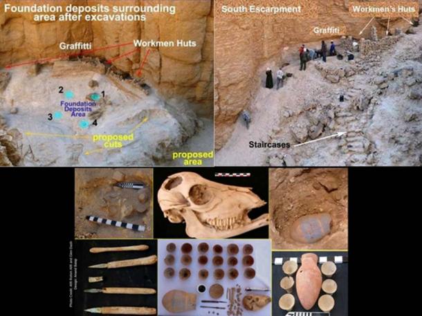 (Clockwise: top left) The position of the four foundation deposits found in the Western Valley; (top right) the general layout of the site; (bottom) examples of the range of artifacts that the foundation deposits yielded during the Affifi and Dash excavations in 2011. (Photos: Afifi Rohim Afifi and Glen Dash/Egyptian Ministry of Antiquities.)
