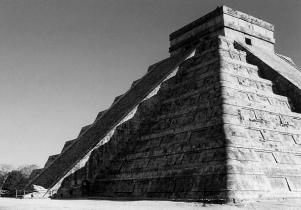 Fig 1. The pyramid of the Plumed Serpent at Chichen-Itza. Note the seven triangles of light projected onto the staircase as scales on the back of the plumed serpent that descends into the earth. (photo by Carl Calleman)