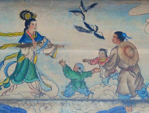 The reunion of the couple of The Weaver Girl and the Cowherd on the bridge of magpies. Artwork in the Long Corridor of the Summer Palace in Beijing