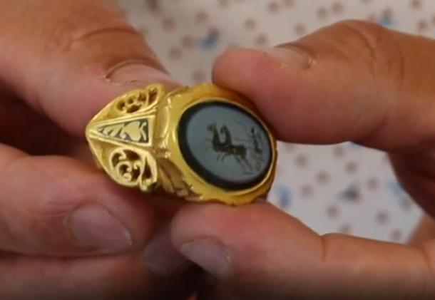 The ring is large and of solid gold with an onyx stone engraved with the god ‘Victory’. (Image: BBC Somerset)
